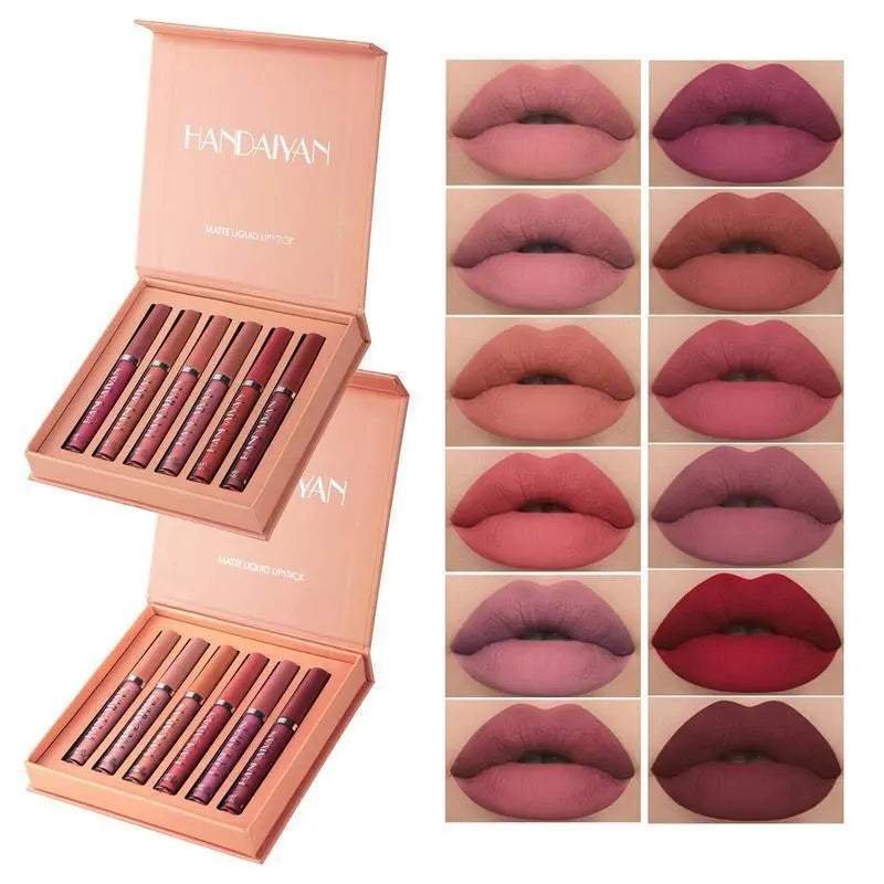 HANDAIYAN 6PCS Velvet Matte Liquid Lipstick Set – Long-Lasting, Waterproof, Quick-Dry Lip Stain Kit, Non-Stick Cup Glossy & Matte Lip Makeup Set