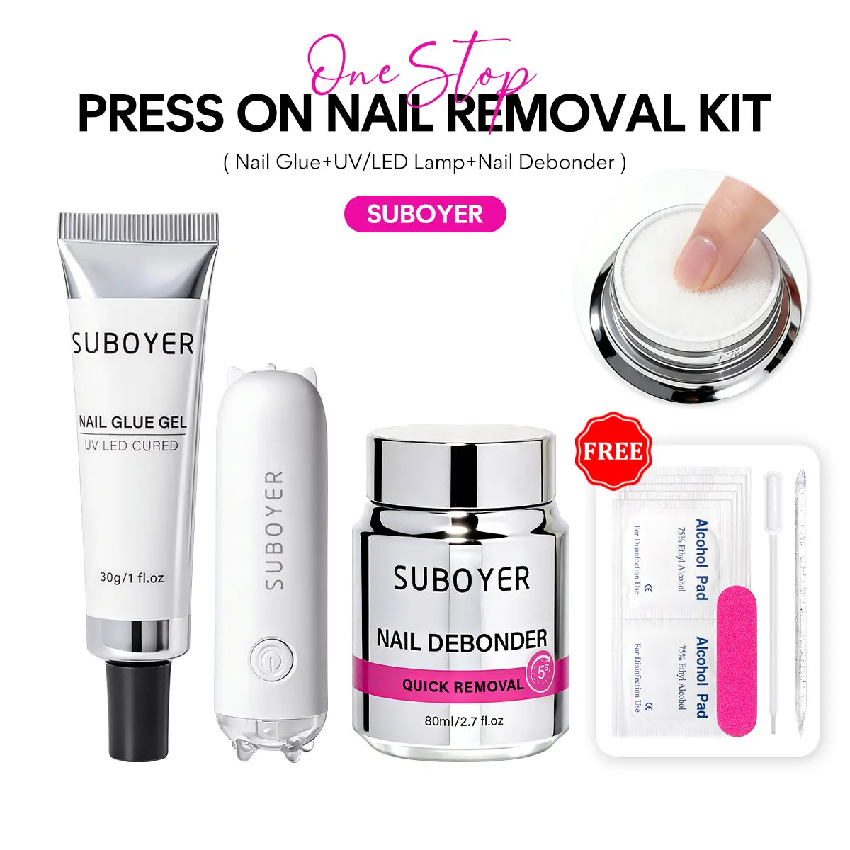 Artificial Nail Glue Remover Kit, 80Ml/2.7 Fl Oz, Individual Bottle Design (Leak-Proof), 5-Second Quick Removal, Paraben-Free, Nail Polish Remover Solid Patches, Gentle on Fingers, Sponge-Infused Quick Artificial Nail Glue Remover Liquid.