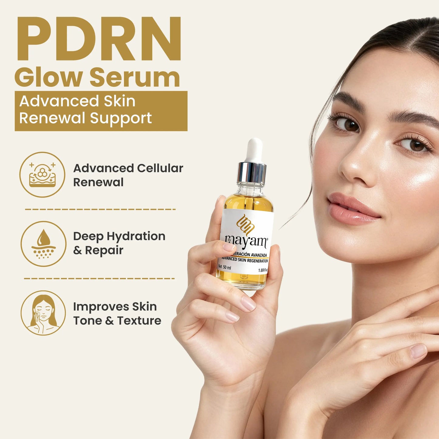 Mayam Beauty PDRN Glow Serum 50 Ml 1.69 Fl Oz Advanced Formula with PDRN Hyaluronic Acid & Peptides for Cell Regeneration & Skin Brightening Anti-Aging