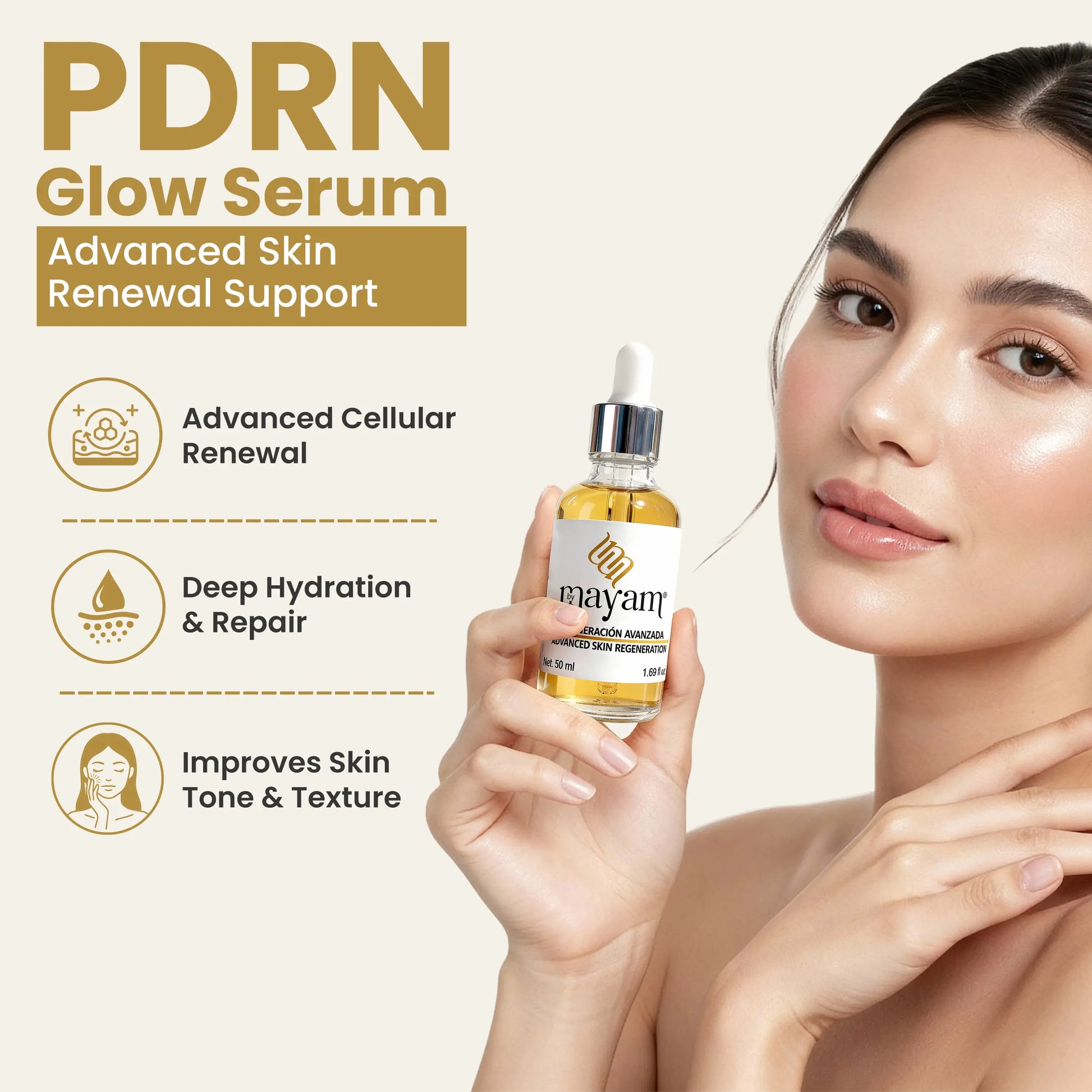 Mayam Beauty PDRN Glow Serum 50 Ml 1.69 Fl Oz Advanced Formula with PDRN Hyaluronic Acid & Peptides for Cell Regeneration & Skin Brightening Anti-Aging