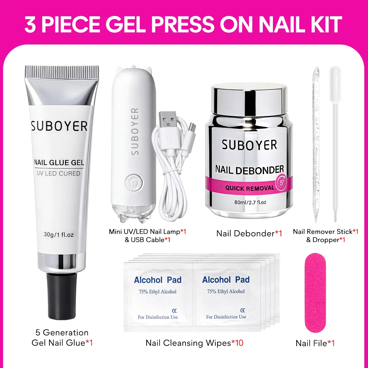 Artificial Nail Glue Remover Kit, 80Ml/2.7 Fl Oz, Individual Bottle Design (Leak-Proof), 5-Second Quick Removal, Paraben-Free, Nail Polish Remover Solid Patches, Gentle on Fingers, Sponge-Infused Quick Artificial Nail Glue Remover Liquid.