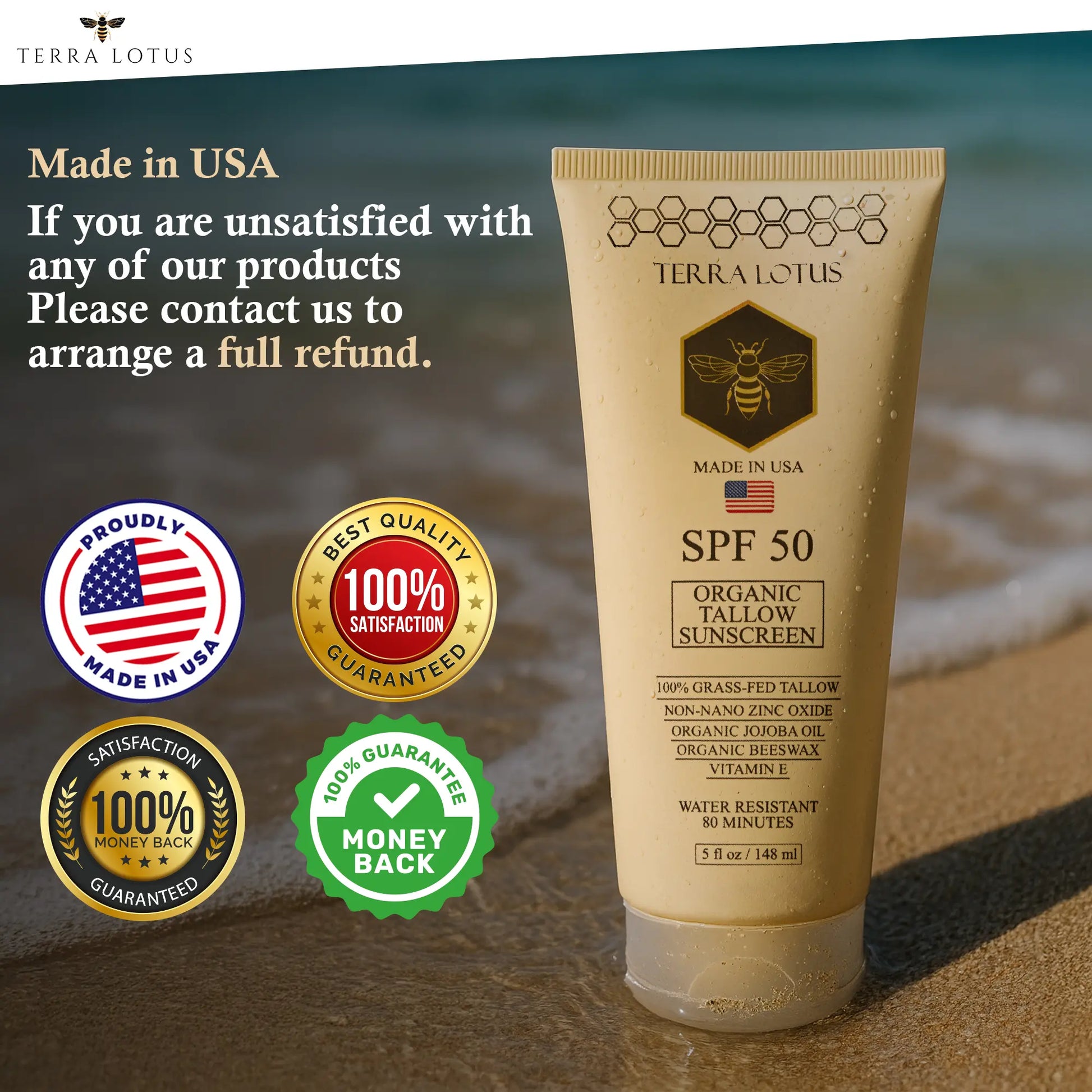 Organic Tallow Sunscreen - Natural Mineral Sunscreen SPF 50 - Safest Organic Natural Tallow & Zinc Oxide Sunblock | Reef Safe, Clean Non-Greasy Formula for Face and Body