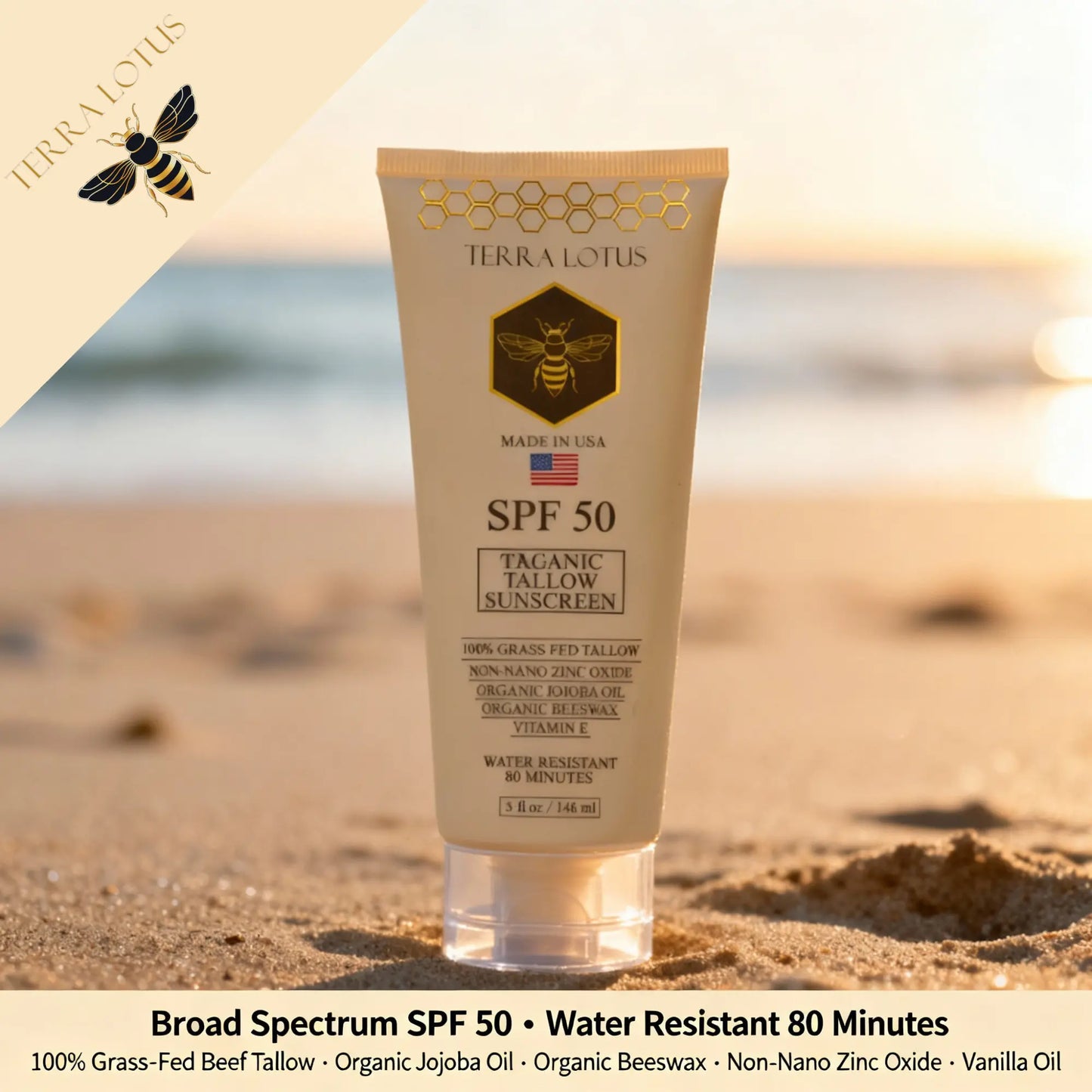 Organic Tallow Sunscreen - Natural Mineral Sunscreen SPF 50 - Safest Organic Natural Tallow & Zinc Oxide Sunblock | Reef Safe, Clean Non-Greasy Formula for Face and Body