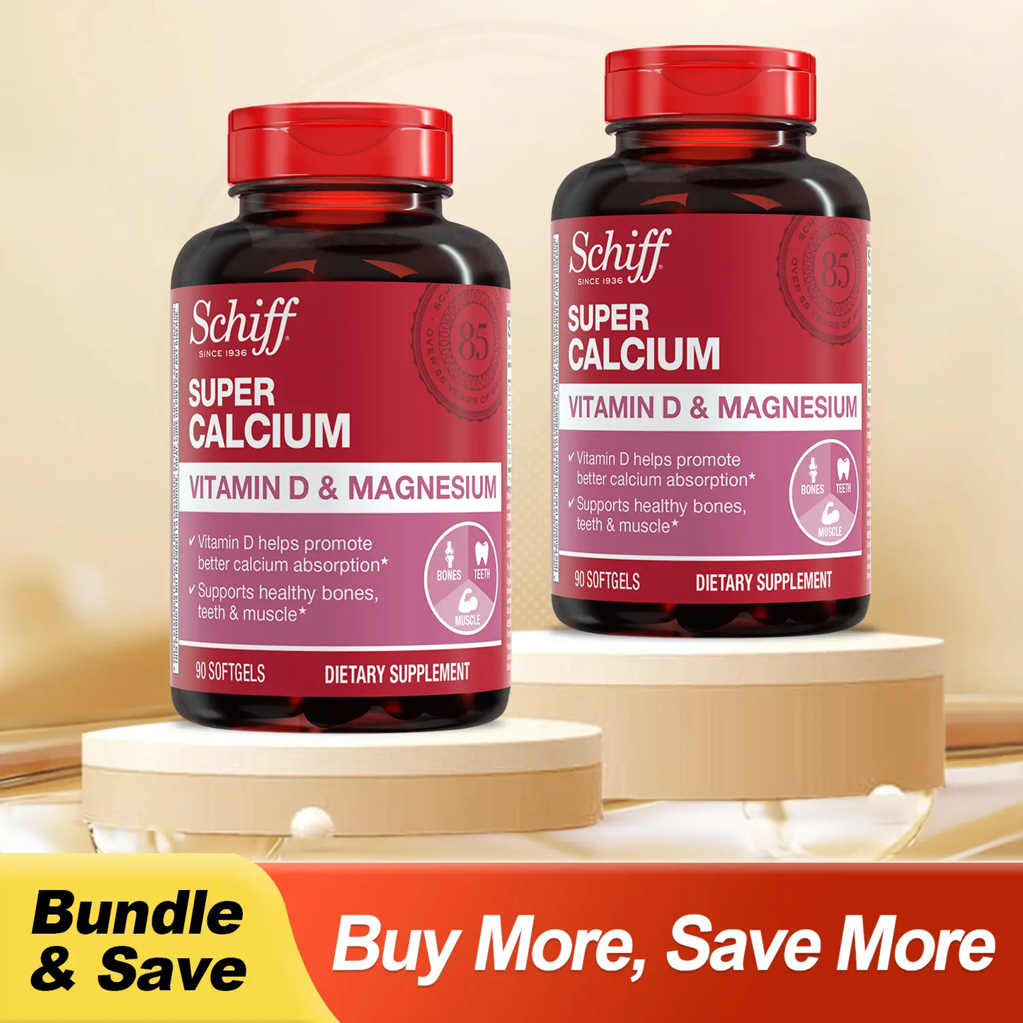 Schiff Super Calcium 800Mg plus Magnesium with Vitamin D3, 90 Softgels - Calcium Supplement Healthcare Dietary Fitness Edible Healthy Teeth Healthy Bones