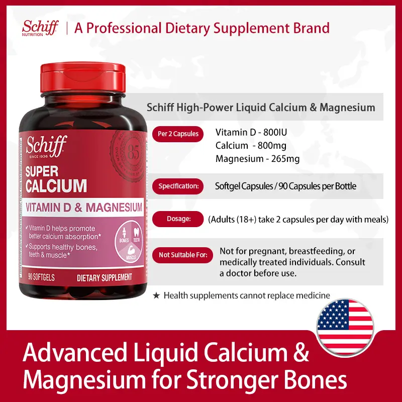 Schiff Super Calcium 800Mg plus Magnesium with Vitamin D3, 90 Softgels - Calcium Supplement Healthcare Dietary Fitness Edible Healthy Teeth Healthy Bones