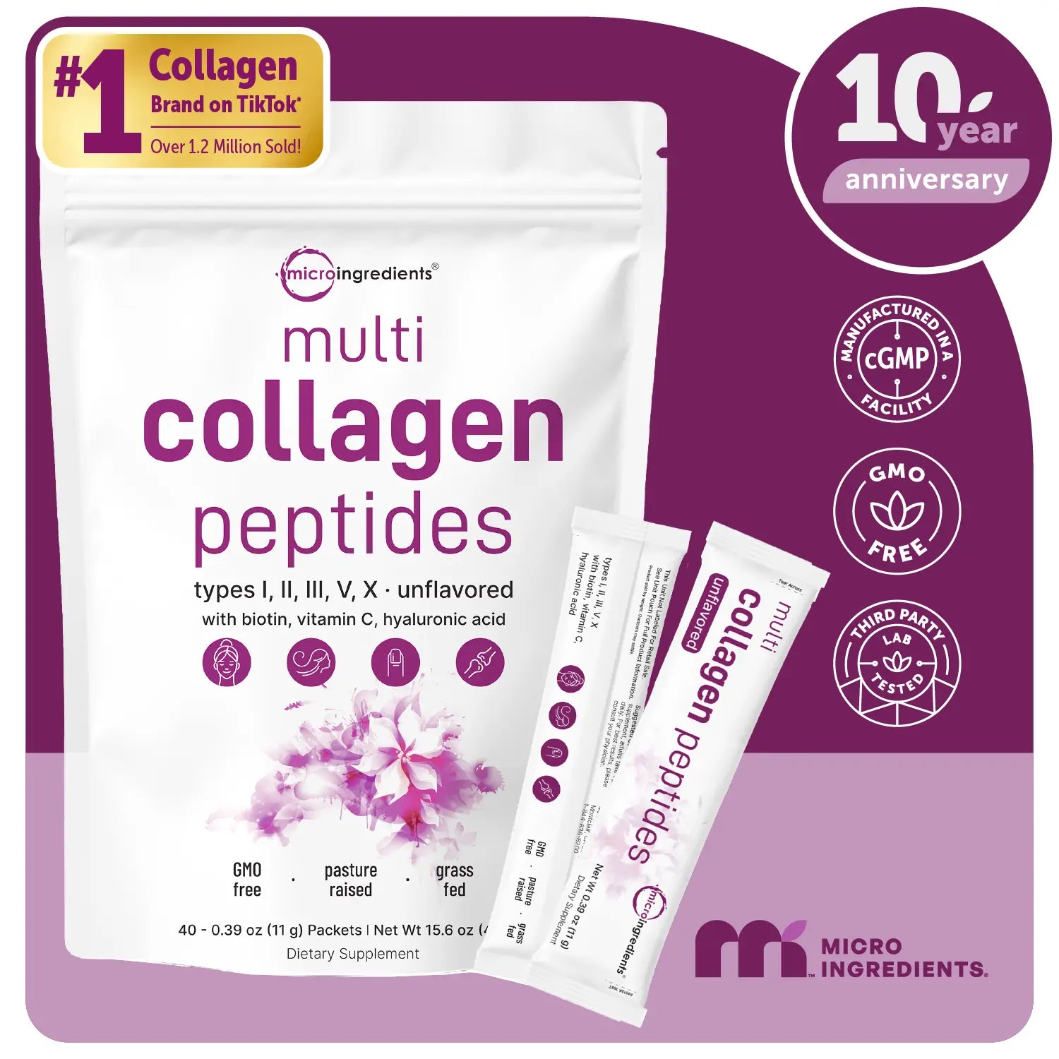 Micro Ingredients Multi Collagen Peptides Powder - Hydrolyzed Protein Peptides (Type I,II,III,V,X) with Hyaluronic Acid, Biotin & Vitamin C Unflavored