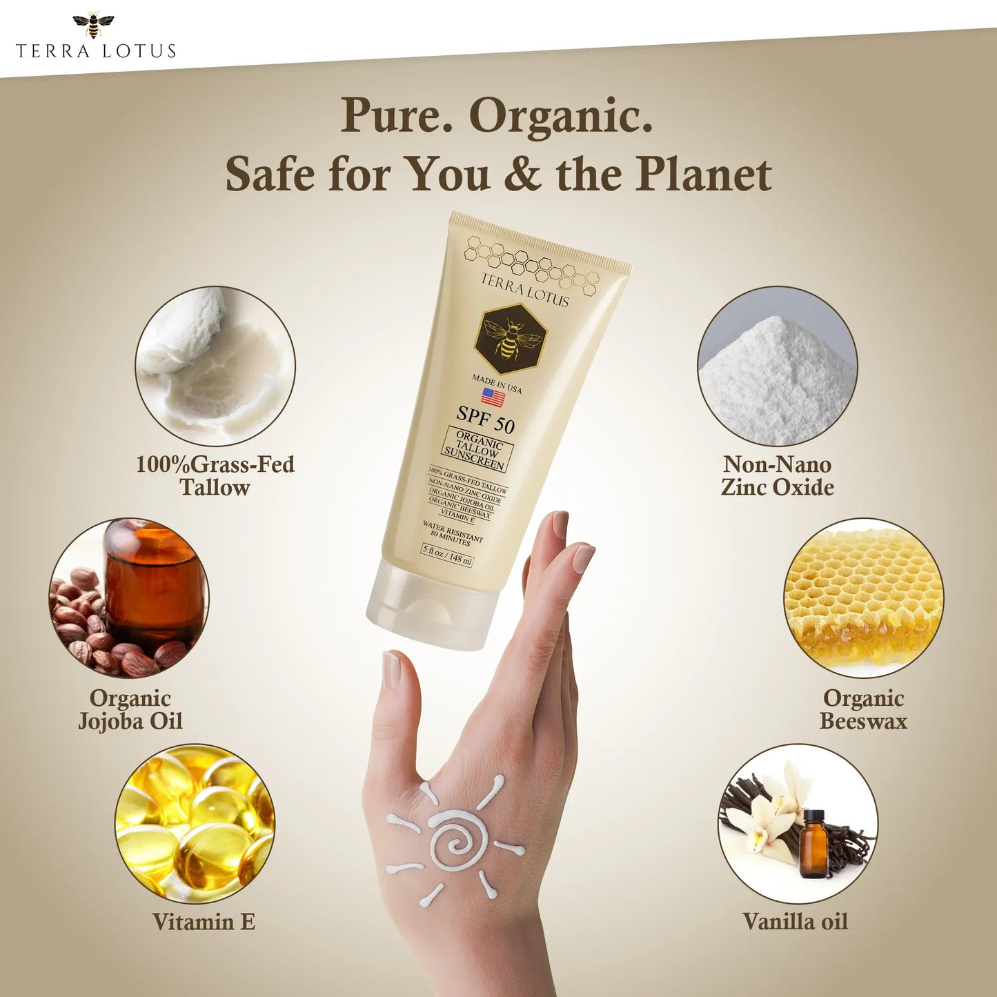 Organic Tallow Sunscreen - Natural Mineral Sunscreen SPF 50 - Safest Organic Natural Tallow & Zinc Oxide Sunblock | Reef Safe, Clean Non-Greasy Formula for Face and Body