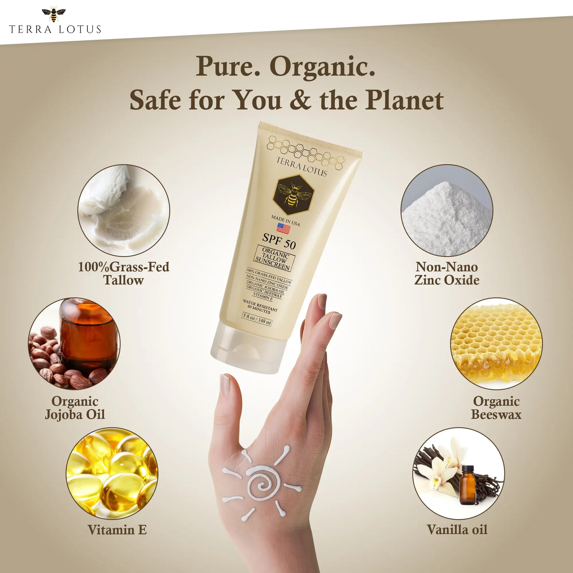 Organic Tallow Sunscreen - Natural Mineral Sunscreen SPF 50 - Safest Organic Natural Tallow & Zinc Oxide Sunblock | Reef Safe, Clean Non-Greasy Formula for Face and Body