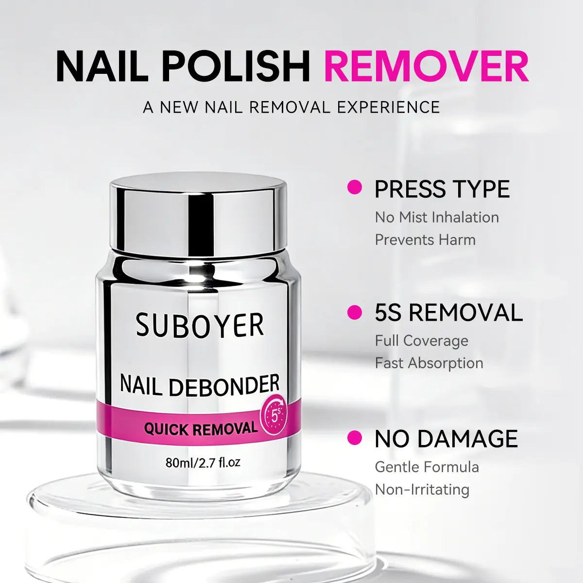 Artificial Nail Glue Remover Kit, 80Ml/2.7 Fl Oz, Individual Bottle Design (Leak-Proof), 5-Second Quick Removal, Paraben-Free, Nail Polish Remover Solid Patches, Gentle on Fingers, Sponge-Infused Quick Artificial Nail Glue Remover Liquid.