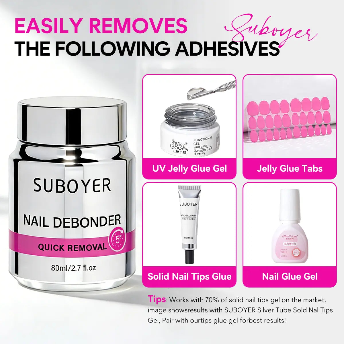 Artificial Nail Glue Remover Kit, 80Ml/2.7 Fl Oz, Individual Bottle Design (Leak-Proof), 5-Second Quick Removal, Paraben-Free, Nail Polish Remover Solid Patches, Gentle on Fingers, Sponge-Infused Quick Artificial Nail Glue Remover Liquid.