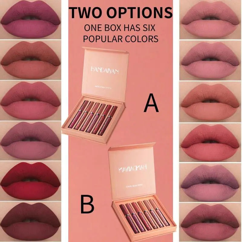 HANDAIYAN 6PCS Velvet Matte Liquid Lipstick Set – Long-Lasting, Waterproof, Quick-Dry Lip Stain Kit, Non-Stick Cup Glossy & Matte Lip Makeup Set